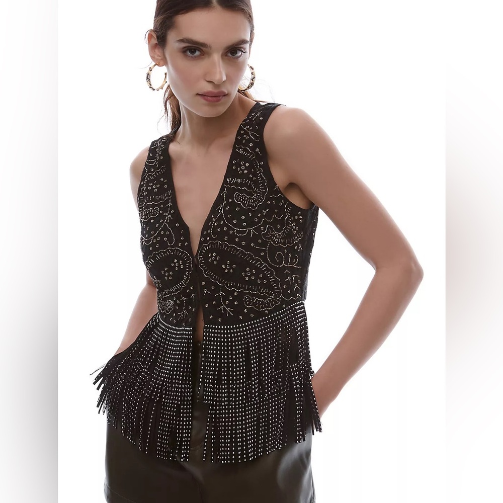 Free People Verb Black Lace beaded fringe festival top